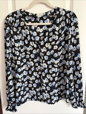J. Crew Black Blouse with Blue & White Floral Print